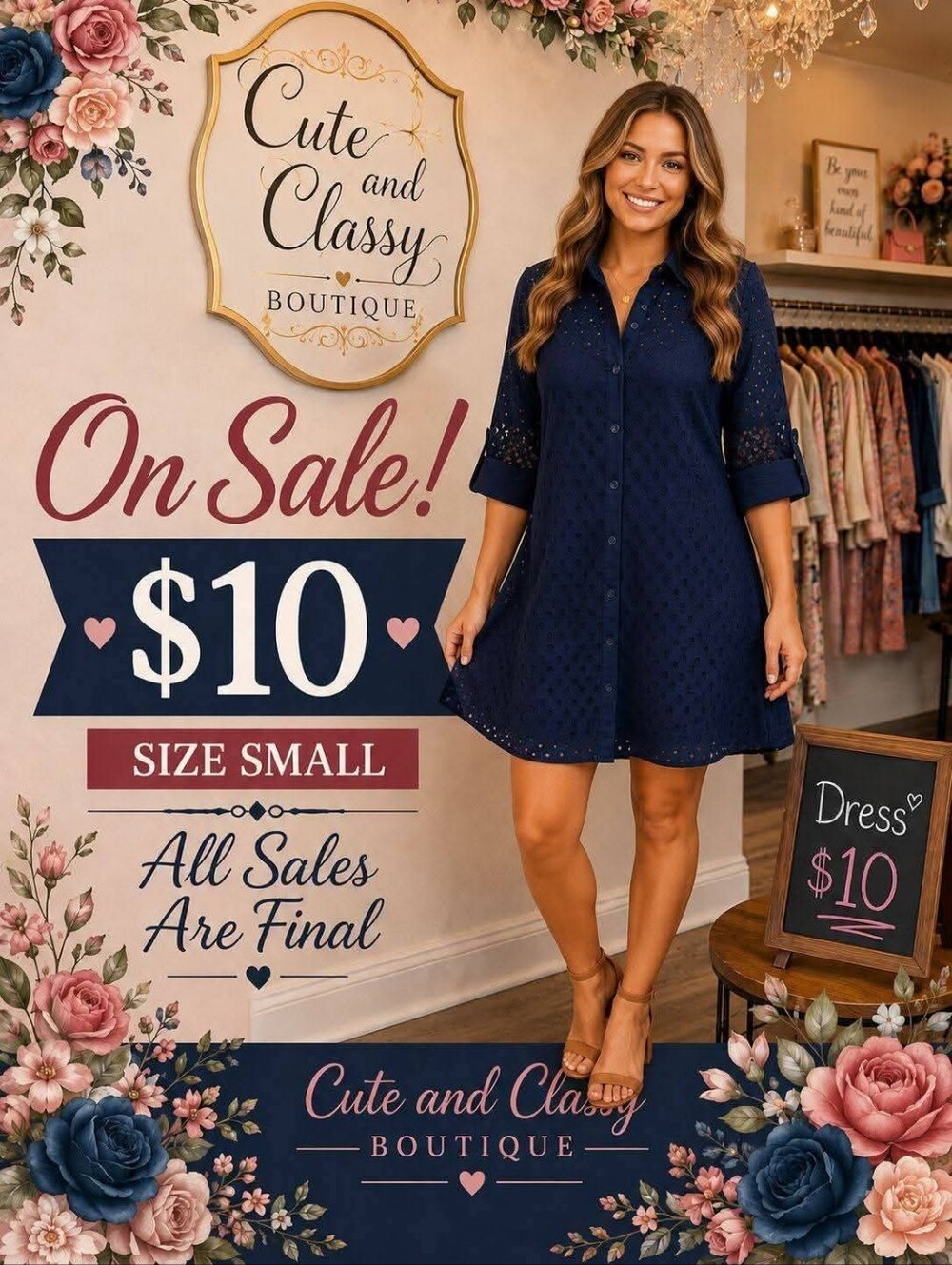 Navy Eyelet Shirt Dress - Small